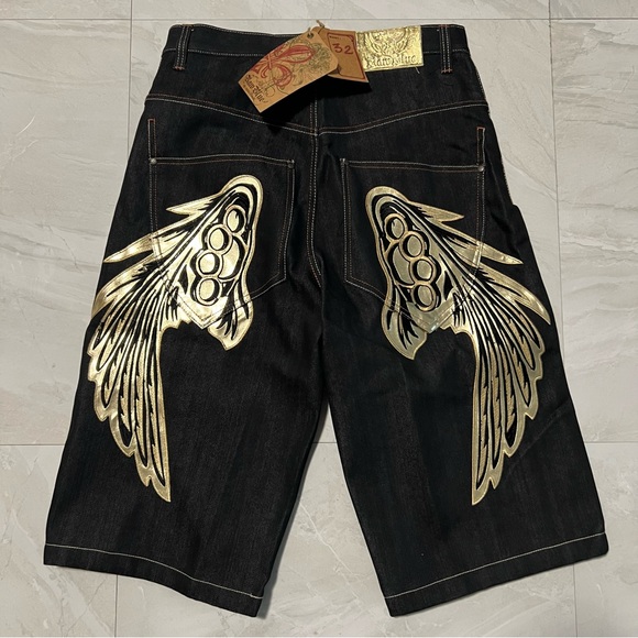 Raw Blue Denim Y2K Baggy Shorts Jorts Cyber Wings Affliction 32 - Picture 2 of 9